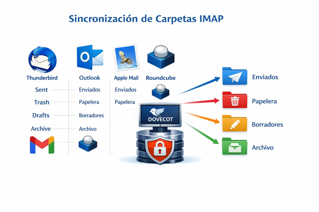 Configurar correctamente las carpetas IMAP para que se sincronice en cualquier cliente de correo electrónico.